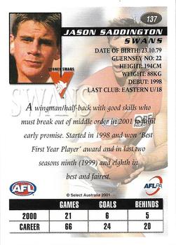 2001 Select AFL Authentic #137 Jason Saddington Back